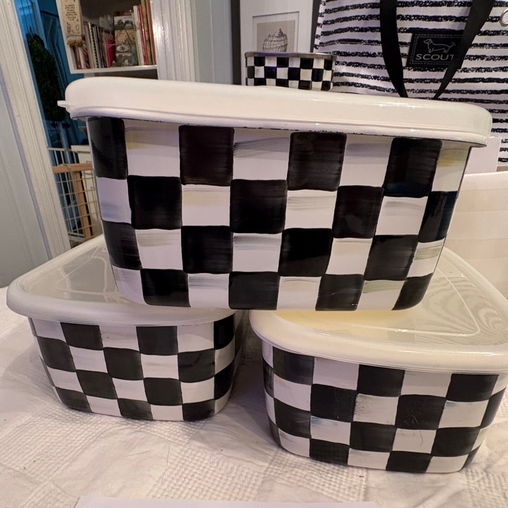 MacKenzie-Childs Black and White Checkered large storage Bins Set of three